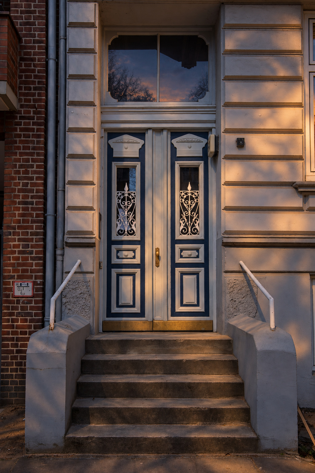 Historic blue double door with white ornamental grilles and stone entrance steps