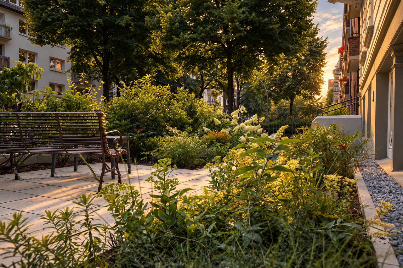 Leafy front garden with a metal bench, flowers and a paved path in warm evening light