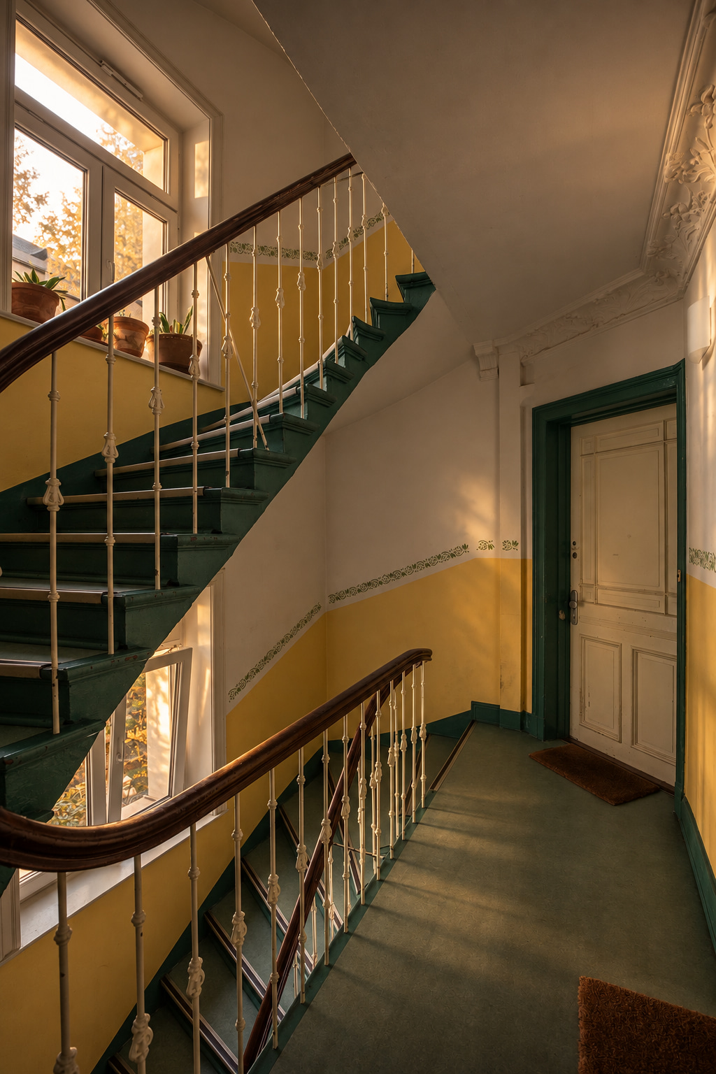 Historic staircase with green steps, white balusters and warm window light