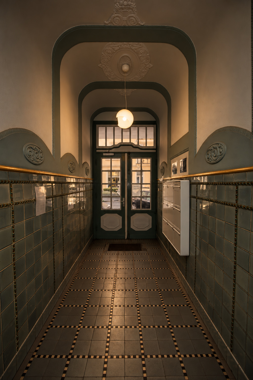 Well-kept period hallway with historic wall tiles, ornate plasterwork and a warm pendant light
