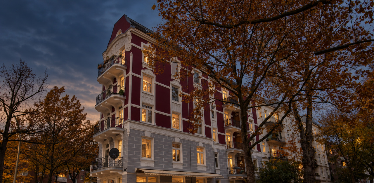 Red corner building on Langenfelder Damm in evening light, with historic façade details and autumn trees