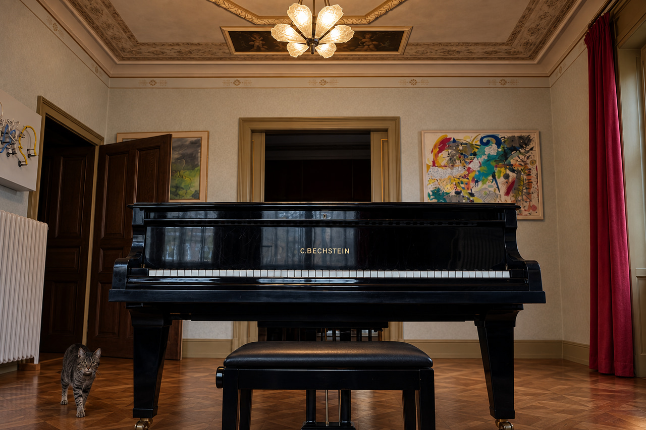 Black piano with a piano bench and cat in a historic salon with artworks and warm light