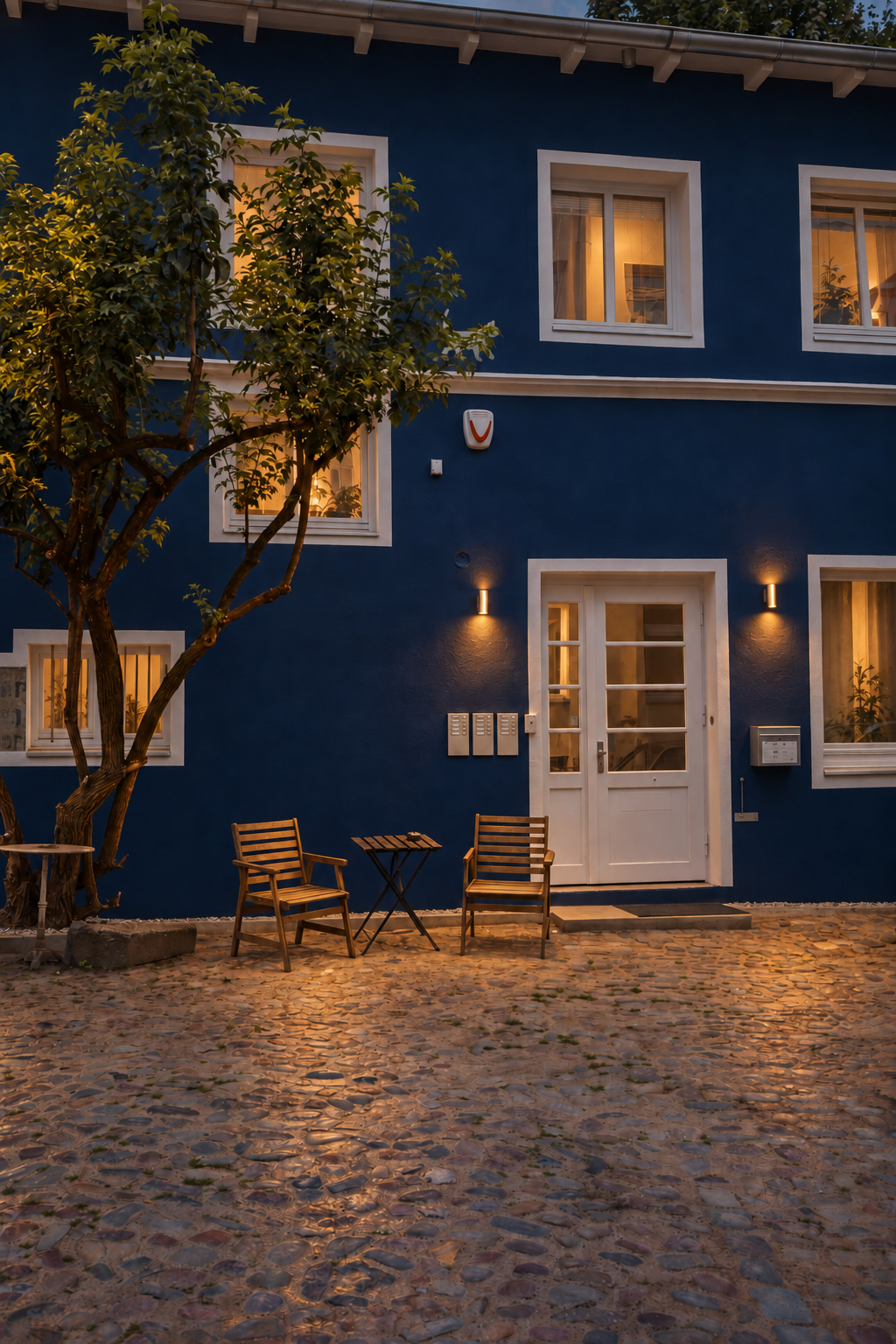 Blue façade with a warmly lit entrance and leafy courtyard at dusk